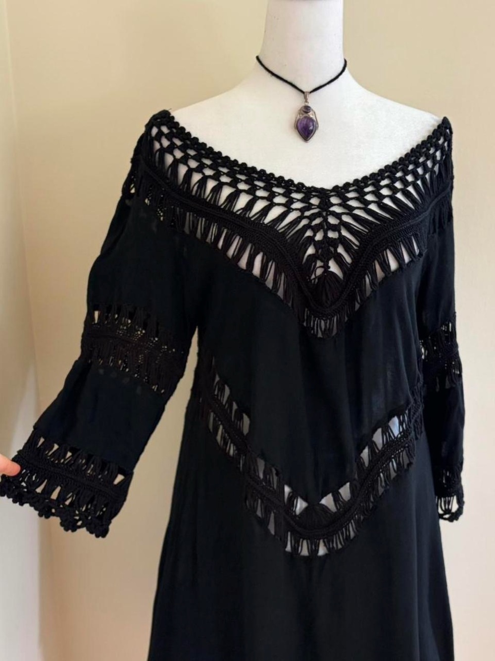 Vintage Y2K black crochet poncho tunic top dress festival boho whimsygoth vamp S